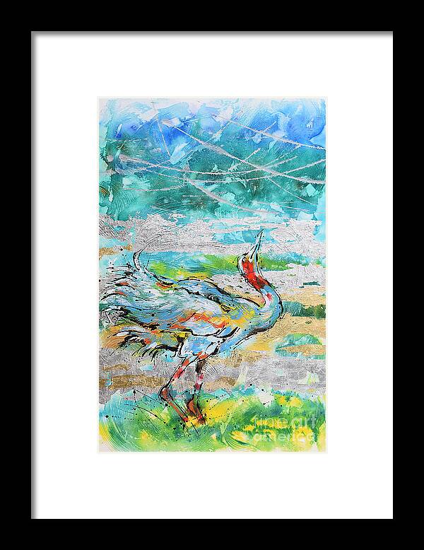 Sarus Cranes In Mating Dance. Birds Framed Print featuring the painting Dancing Crane 1 by Jyotika Shroff