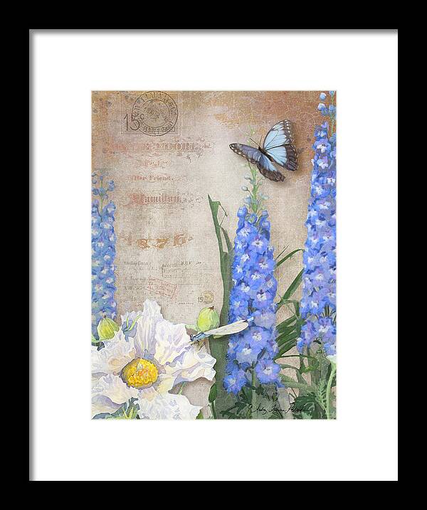 Matilija Poppy Framed Print featuring the painting Dancing in the Wind - Damselfly n Morpho Butterfly w Delphinium by Audrey Jeanne Roberts