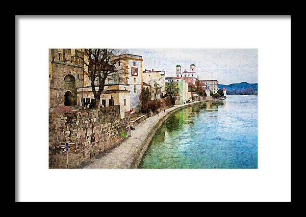 Danube River Framed Print featuring the mixed media Danube River at Passau, Germany by Tatiana Travelways