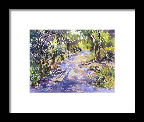 Landscape Framed Print featuring the painting Dappled Morning Walk by Rae Andrews