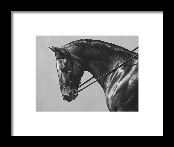 Horse Framed Print featuring the painting Dark Brown Dressage Horse Black and White by Crista Forest
