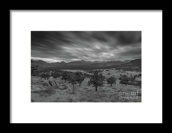 Rocky Mountains National Park Framed Print featuring the photograph Dark Clouds Passing in Rocky Mountains NP black and white by Michael Ver Sprill