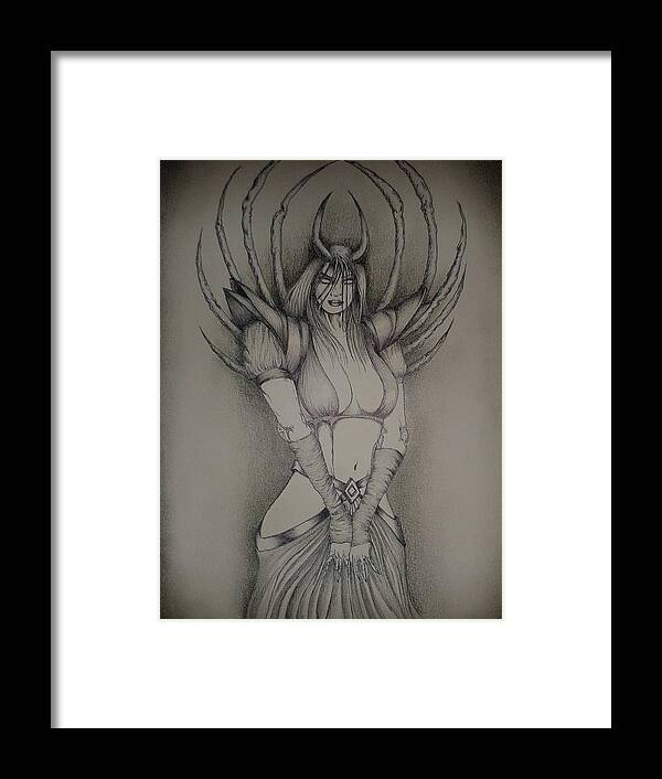Dark Lady Girl Woman Black White Draw Horn Warcraft Framed Print featuring the drawing Dark Lady by Elias Moura