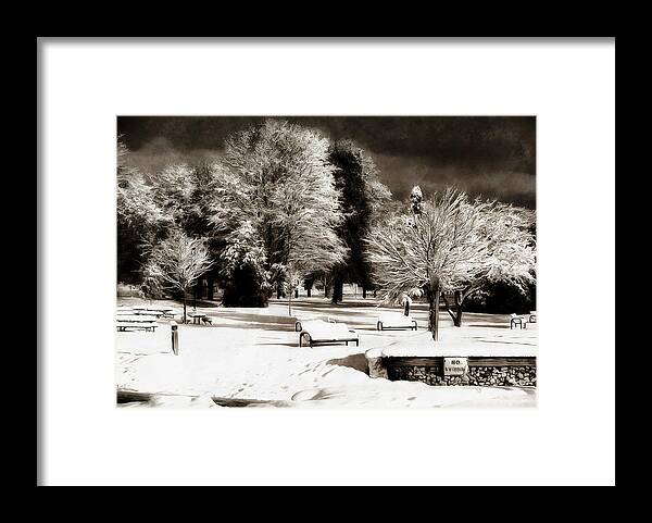 Winter Framed Print featuring the digital art Dark Skies and Winter Park by JGracey Stinson