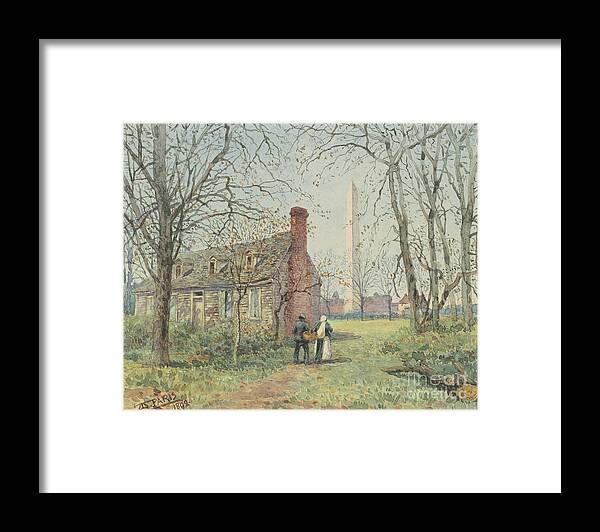 David Framed Print featuring the painting David Burns's Cottage and the Washington Monument, Washington DC, 1892 by Walter Paris
