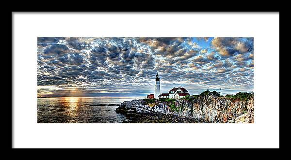 Portland Head Lighthouse Framed Print featuring the photograph Dawn Breaks at Portland Head Light Pano by Jean Hutchison