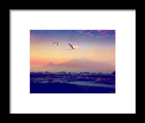 Mt. Ararat Framed Print featuring the photograph Dawn with Storks and Ararat from Night Train to Yerevan by Anastasia Savage Ealy