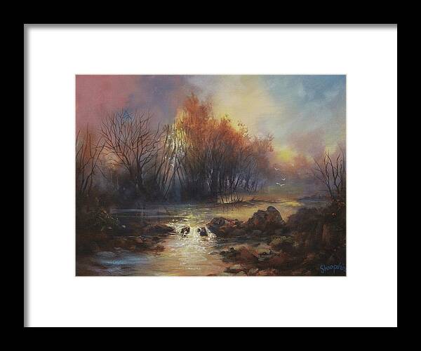 Stream Framed Print featuring the painting Daybreak Willow Creek by Tom Shropshire
