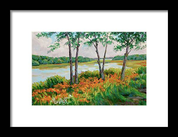 Summer Lilies Framed Print featuring the painting Daylilies At Whalebone Creek by Barbara Hageman
