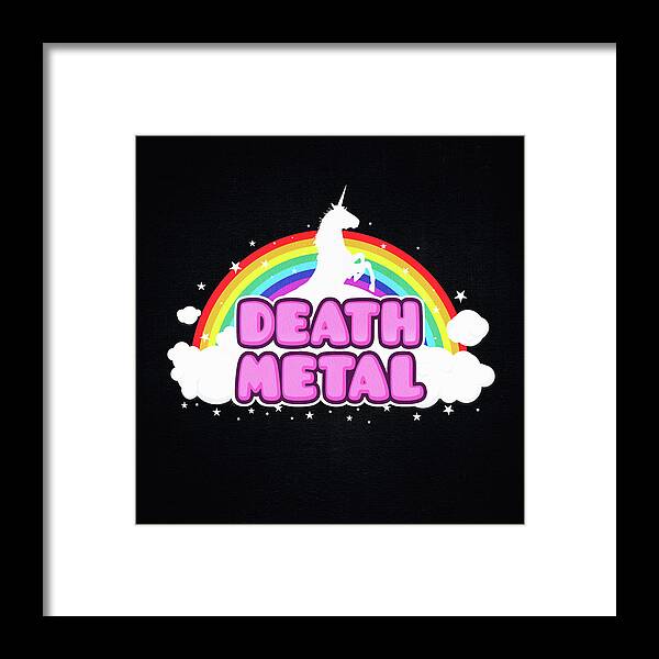 Music Framed Print featuring the digital art DEATH METAL Funny Unicorn Rainbow Mosh Parody Design by Philipp Rietz