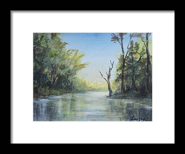 Landscapes Framed Print featuring the painting Delaware River by Katalin Luczay