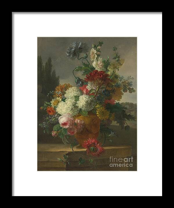 Willem Van Leen Dordrecht 1753 - 1825 Delfshaven Still Life Of Flowers In A Vase Resting On A Stone Ledge. Beautiful Flowers Framed Print featuring the painting Delfshaven Still Life Of Flowers In A Vase by MotionAge Designs