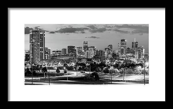 America Framed Print featuring the photograph Denver Colorado BW Skyline Panorama by Gregory Ballos