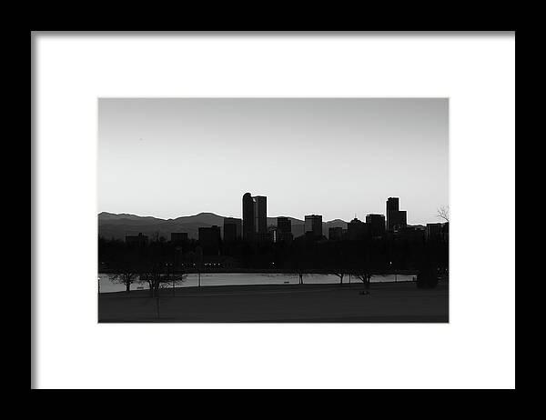 America Framed Print featuring the photograph Denver Downtown Skyline at Sunrise - Black and White by Gregory Ballos