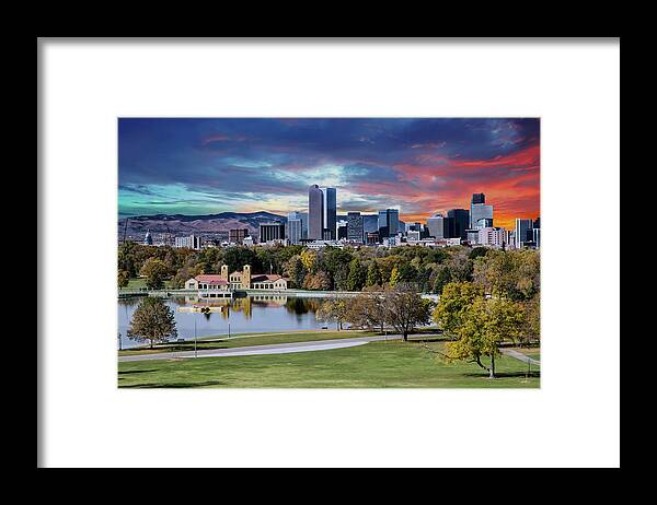 Denver Framed Print featuring the photograph Denver Skyline and Mountains Beyond Lake by Darryl Brooks