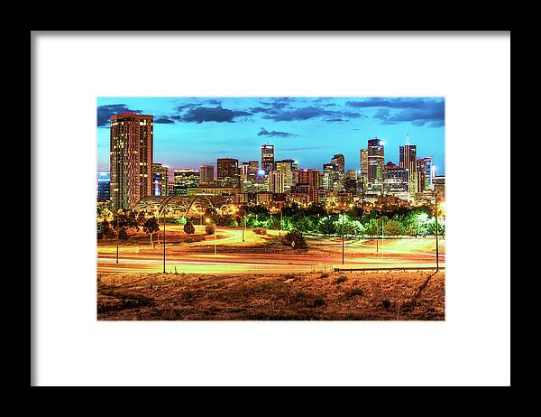 America Framed Print featuring the photograph Denver Skyline Early Morning Hues by Gregory Ballos