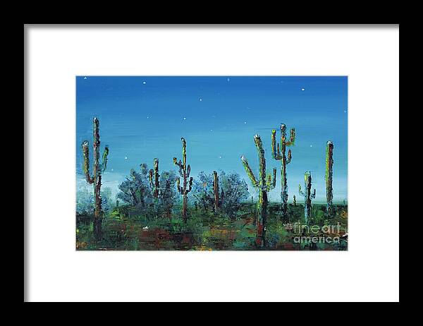 Desert Saguaro Catus In Bloom Framed Print featuring the painting Desert Blue by Frances Marino