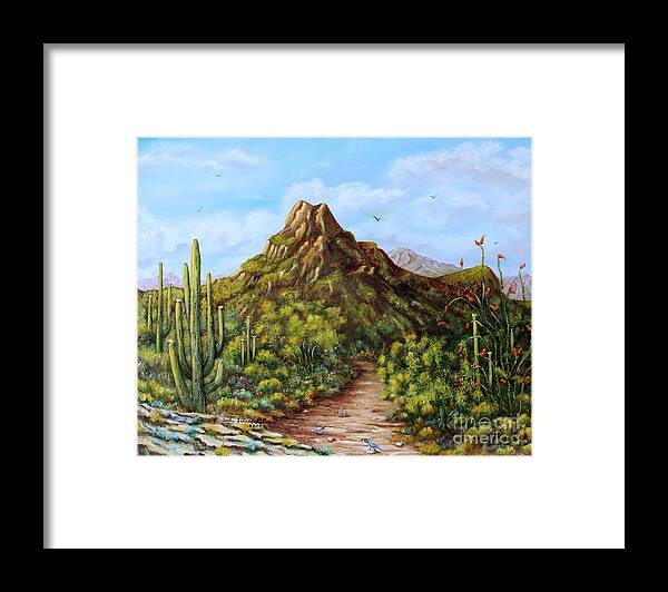 Southwest Art Framed Print featuring the painting Desert Landscape Gambel's Quail by Judy Filarecki