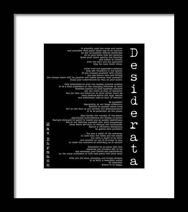 Poem Framed Print featuring the digital art Desiderata by Max Ehrmann - Black by Georgia Clare