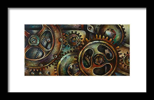 Mechanical Machine Gears Sprokets Metal Rust Framed Print featuring the painting Design 2 by Michael Lang