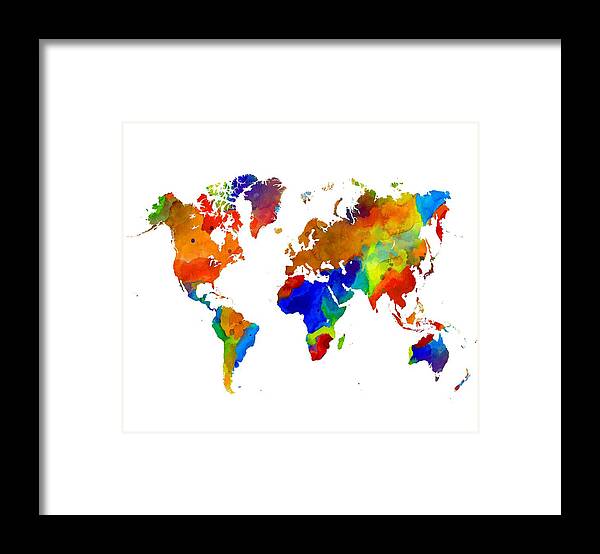 Map Framed Print featuring the painting Design 33 Colorful Worldmap by Lucie Dumas