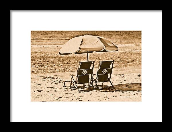 Destin Framed Print featuring the photograph Destin Florida Beach Chairs and Umbrella Rustic Digital Art by Shawn O'Brien