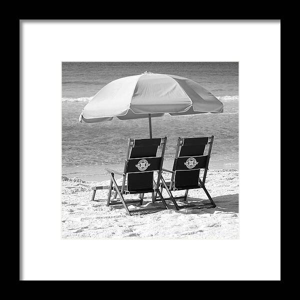 Destin Framed Print featuring the photograph Destin Florida Beach Chairs and Umbrella Square Format Black and White by Shawn O'Brien