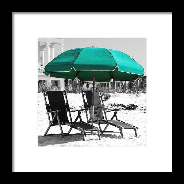 Destin Framed Print featuring the photograph Destin Florida Empty Beach Chair Pair and Green Umbrella Square Format Color Splash Digital Art by Shawn O'Brien