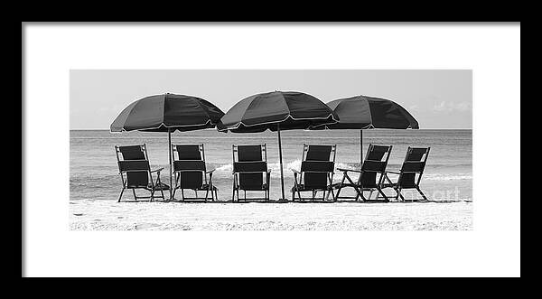 Destin Framed Print featuring the photograph Destin Florida Six Beach Chairs and Three Umbrellas Panoramic Black and White by Shawn O'Brien