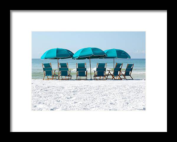 Destin Framed Print featuring the photograph Destin Florida Six Beach Chairs and Three Umbrellas by Shawn O'Brien