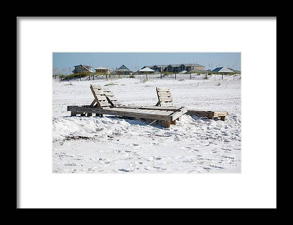 Destin Framed Print featuring the photograph Destin Florida Wooden Beach Chairs on Sand with Beach Houses by Shawn O'Brien