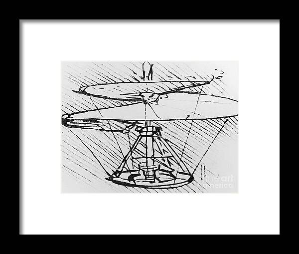 Helicopter Framed Print featuring the drawing Detail of a design for a flying machine by Leonardo Da Vinci
