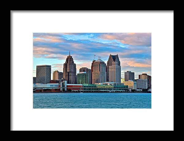 Detroit Framed Print featuring the photograph Detroit at Sunset by Frozen in Time Fine Art Photography