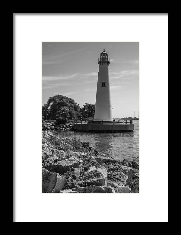 Detroit Riverfront Framed Print featuring the photograph Detroit Lighthouse in Black and White by John McGraw