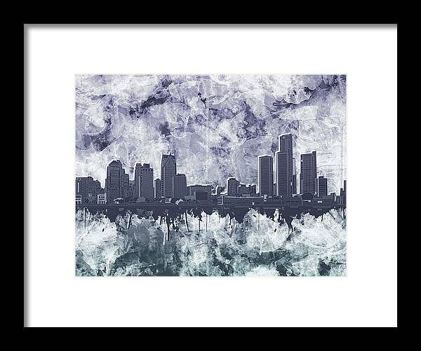 Detroit Framed Print featuring the painting Detroit Skyline Watercolor Grunge by Bekim M