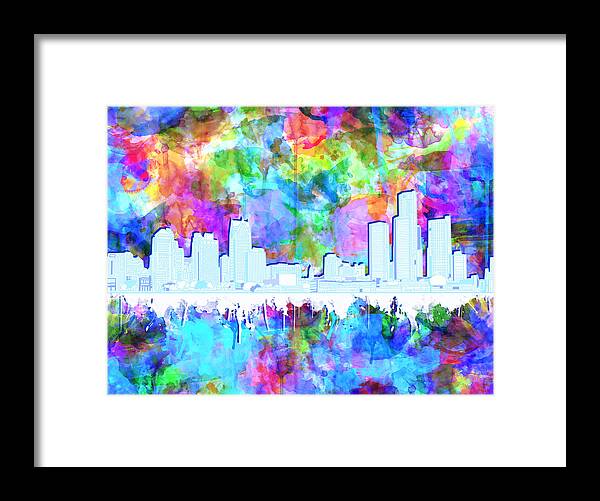 Detroit Framed Print featuring the painting Detroit Skyline Watercolor Vibrant by Bekim M