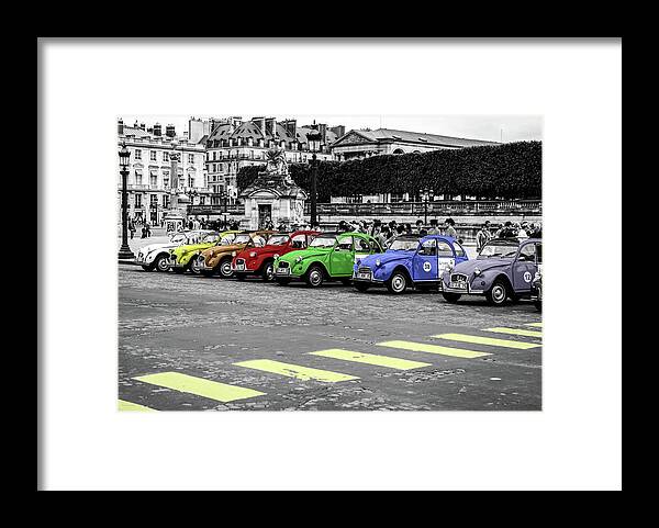 Deux Chevaux 2cv Citroen Paris France Color Black White Hire Cab Tour Framed Print featuring the photograph Deux Chevaux in Color by Ross Henton