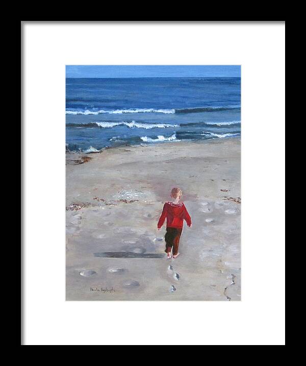Acrylic Painting Of A Little Boy On The Beach With Ocean In The Background. Walking On The Sand Towards The Ocean. Framed Print featuring the painting Dever by Paula Pagliughi