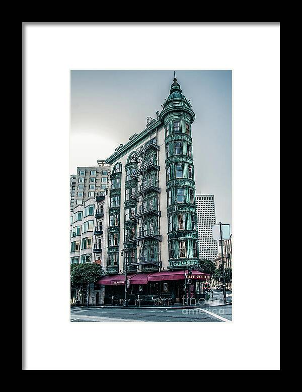 Buildings Framed Print featuring the photograph Dez 2016. San Francisco, USA - Old copper-green Columbus tower o by Amanda Mohler