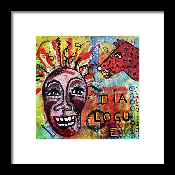 Outsider Art Framed Print featuring the mixed media Dialogue Between Red Dawg And Wildwoman-self by Mimulux Patricia No