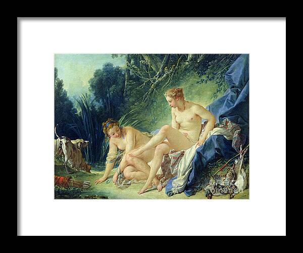 Dog Framed Print featuring the painting Diana getting out of her bath by Francois Boucher