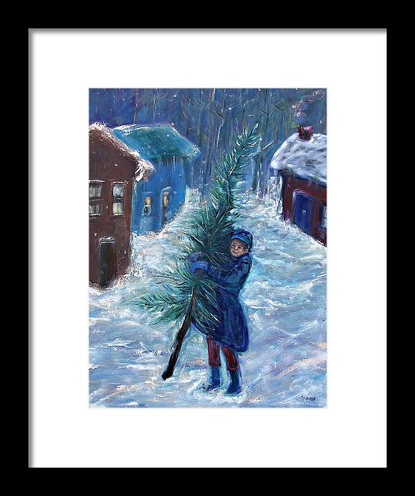 Katt Yanda Original Art Winter Snow Village Town Landscape Oil Painting Canvas Little Boy Holding Christmas Tree Framed Print featuring the painting Dickens Tale by Katt Yanda