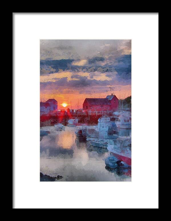 Bradley Wharf Framed Print featuring the photograph Digital art of dawn over Rockport by Jeff Folger