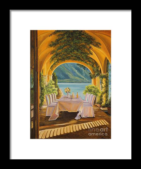 Lake Como Artwork Framed Print featuring the painting Dining on Lake Como by Charlotte Blanchard