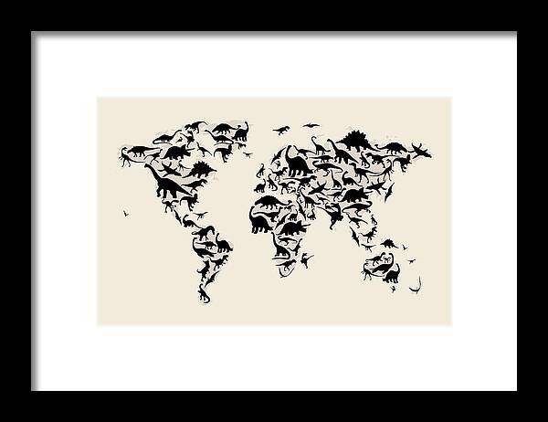 World Map Framed Print featuring the digital art Dinosaur Map of the World Map by Michael Tompsett