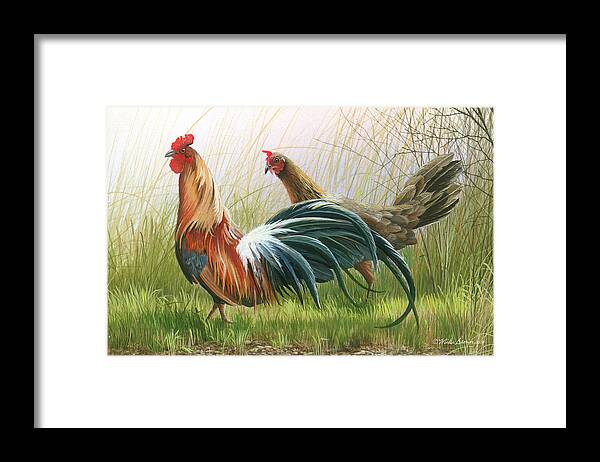 Rooster Framed Print featuring the painting Disagreement by Mike Brown