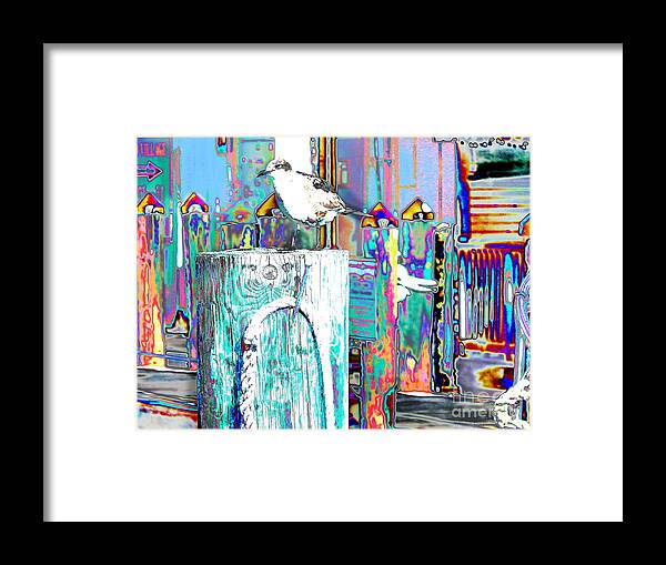 Seagull Sits On A Wharf Pilling In Key West  Framed Print featuring the digital art Disco Dock Seagull by Priscilla Batzell Expressionist Art Studio Gallery