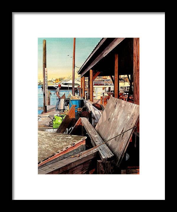 Landscape Framed Print featuring the painting Docks at Port Aransas by Robert W Cook