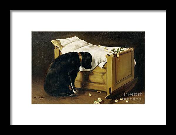 Grief Framed Print featuring the painting Dog Mourning Its Little Master by A Archer