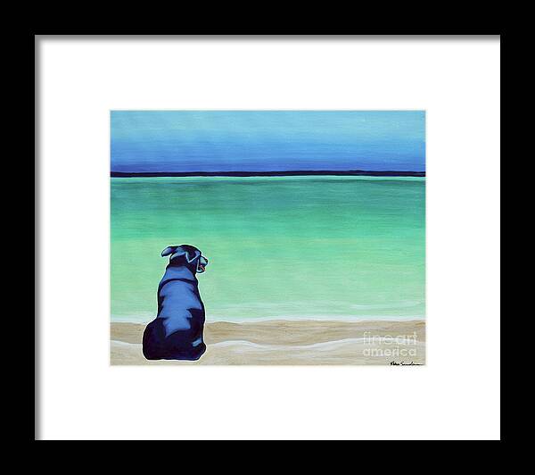 Blue Dog Framed Print featuring the painting Black Lab Dog on the Beach by Robyn Saunders